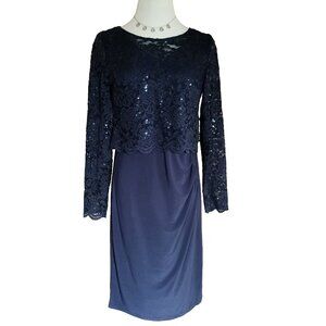 Onyx Nite Lace Topper Cocktail Dress 8 Navy Long Sleeve Knit Lined Knee Length